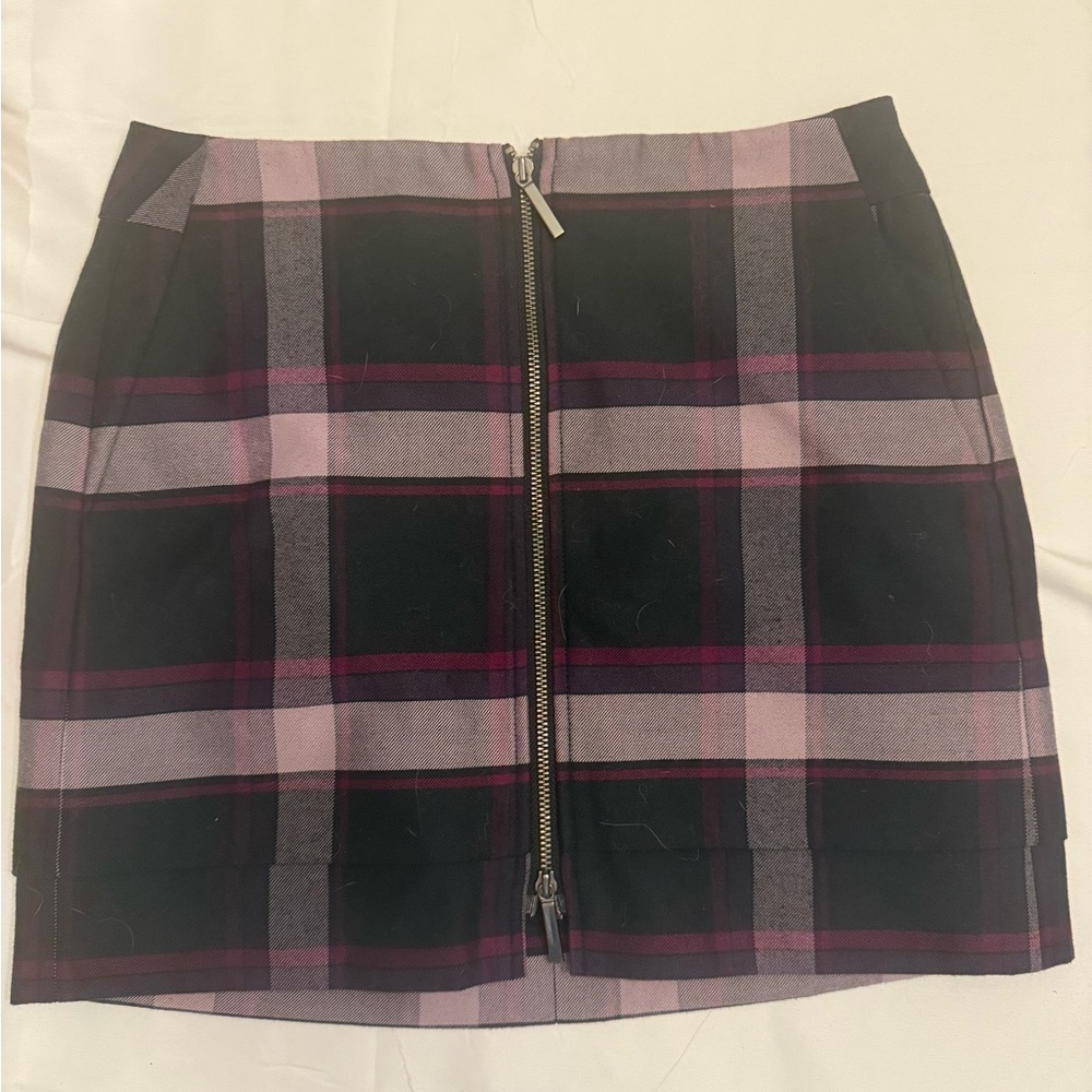 Armani Exchange Black and Purple Plaid Zip-Front Mini Skirt